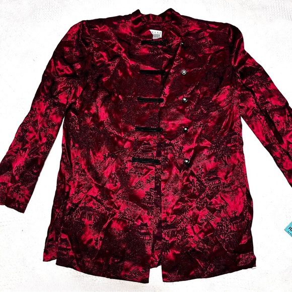 R&M Richards Red Patterned Button Down Shirt Loop closure Blazer Top - Picture 2 of 10